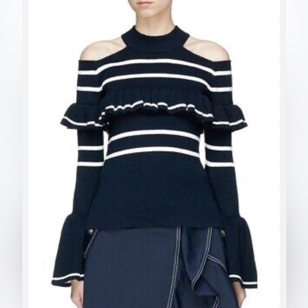 Self Portrait ~ Blue Cold Shoulder Ruffle Sleeve Top ~ Size S